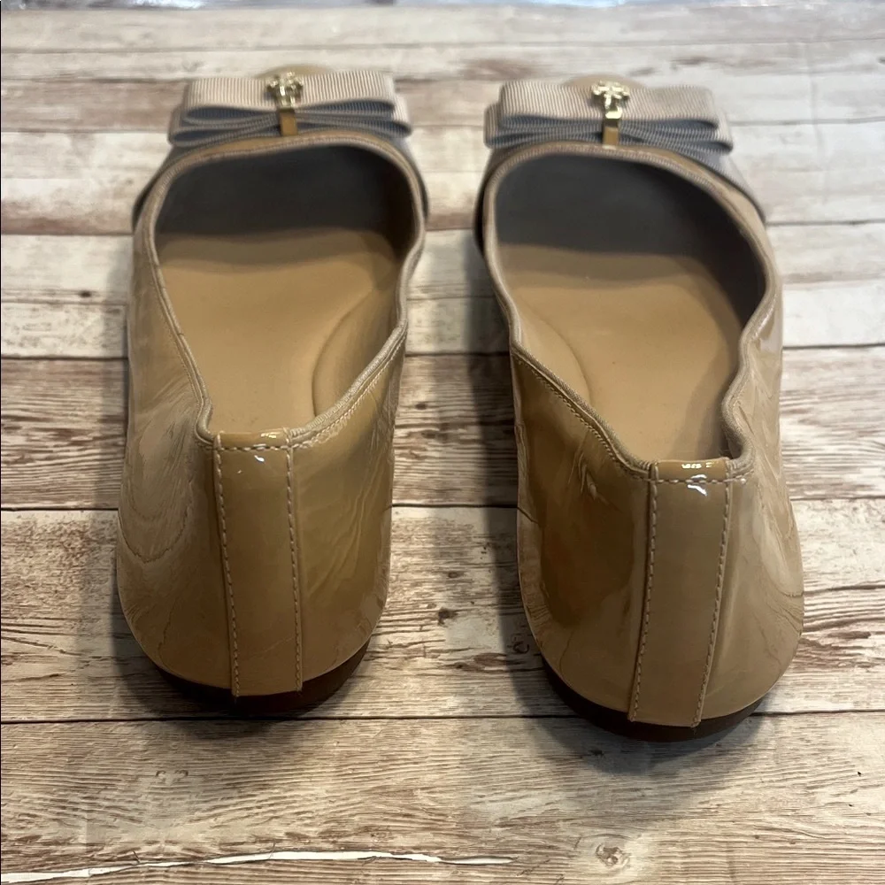 Tory Burch Tan Patent Flats with Gold Bow